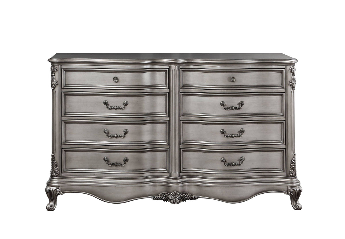 Ariadne Dresser with Full-Extension Drawers antique silver finish ornate carved edges and base on Tampa Home & Garden Store