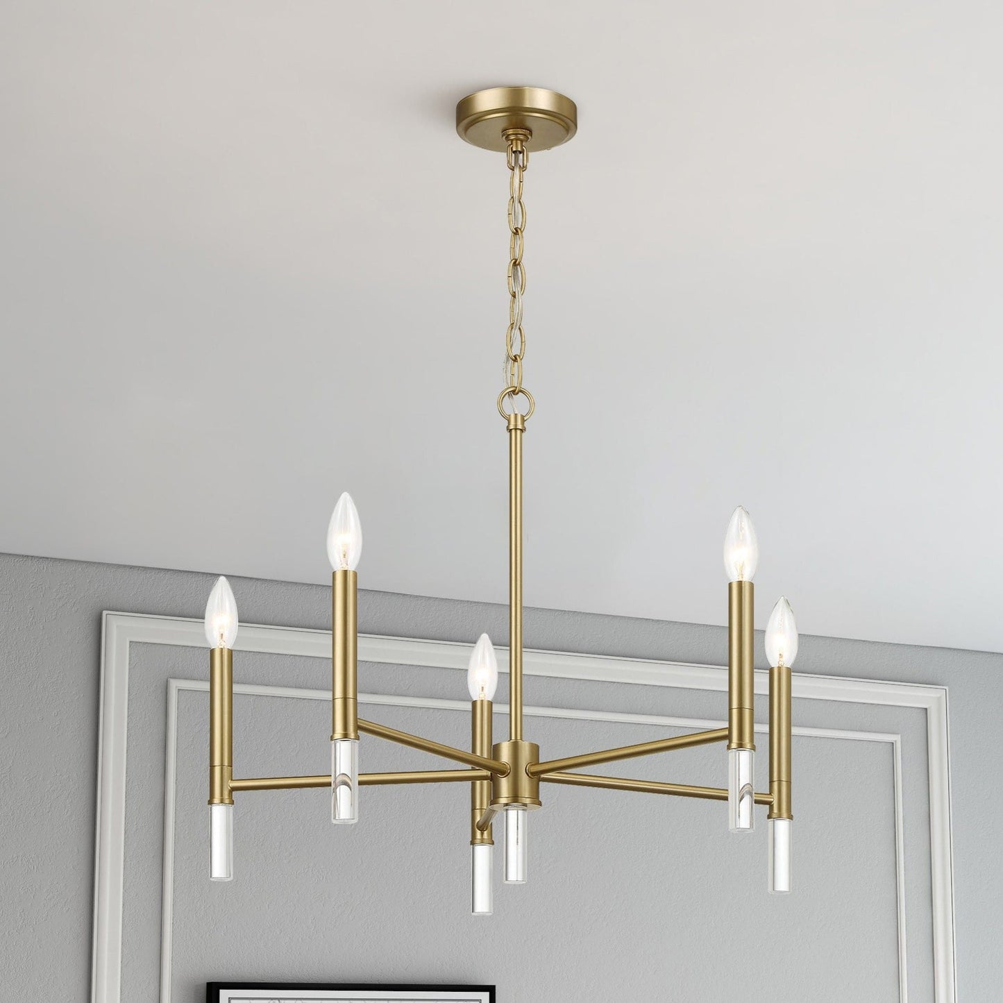 Courtyard 5-Light Candle Chandelier gold finish with clear glass candle sleeves and chain suspension on Tampa Home & Garden Store