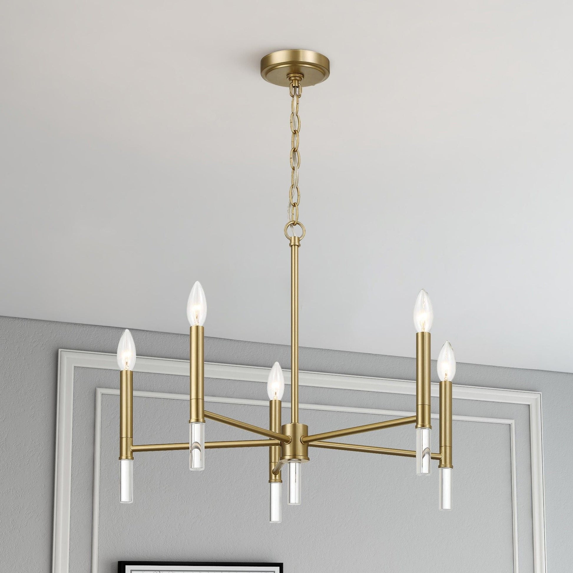 Courtyard 5-Light Candle Chandelier gold finish with clear glass candle sleeves and chain suspension on Tampa Home & Garden Store