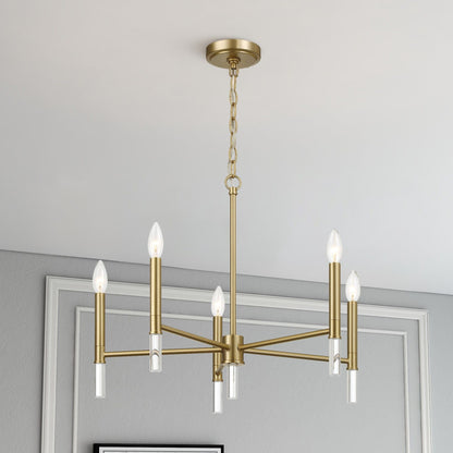 Courtyard 5-Light Candle Chandelier gold finish with clear glass candle sleeves and chain suspension on Tampa Home & Garden Store