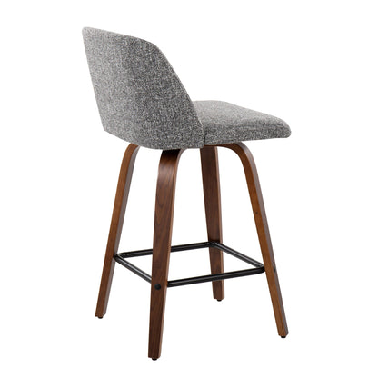 Toriano mid-century counter stool set of 2 in gray speckled fabric with curved wood legs and square footrest on Tampa Home & Garden Store