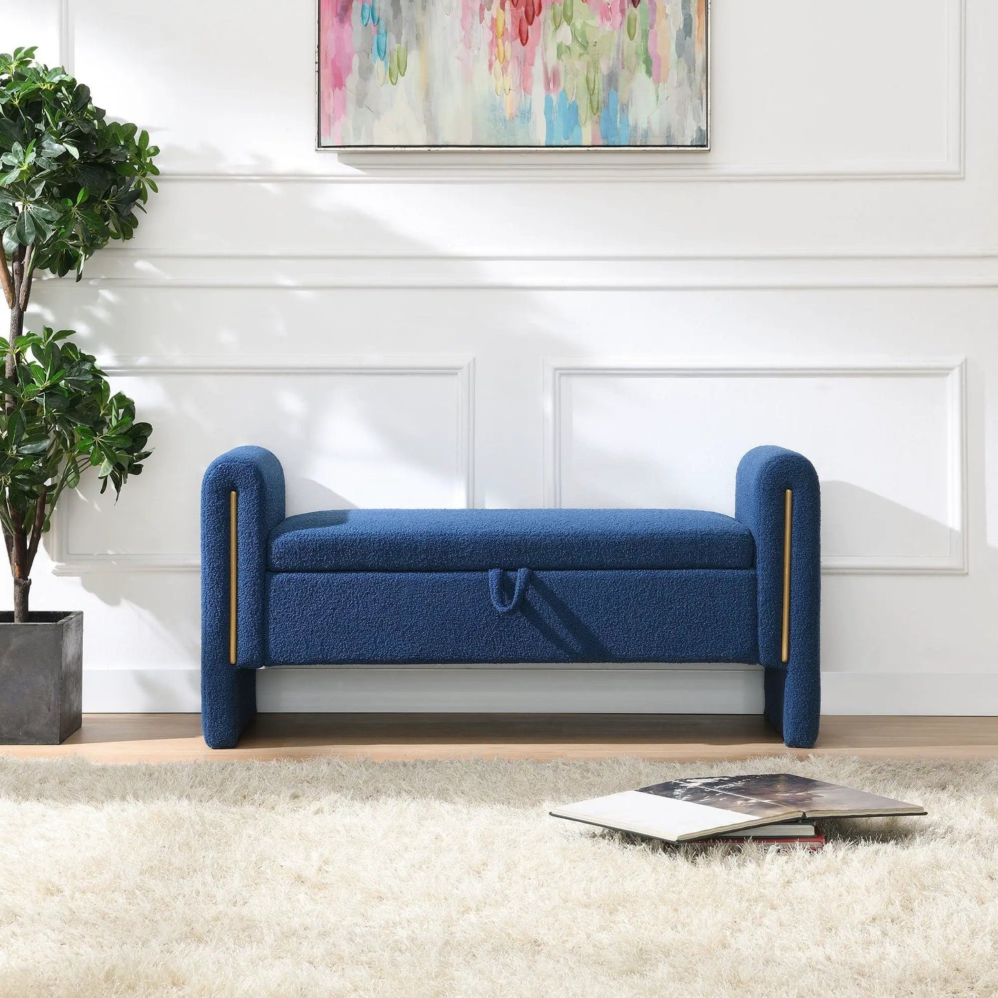 Modern Teddy upholstered bed end bench with arms and storage in blue boucle by Unique Piece Furniture on Tampa Home & Garden Store