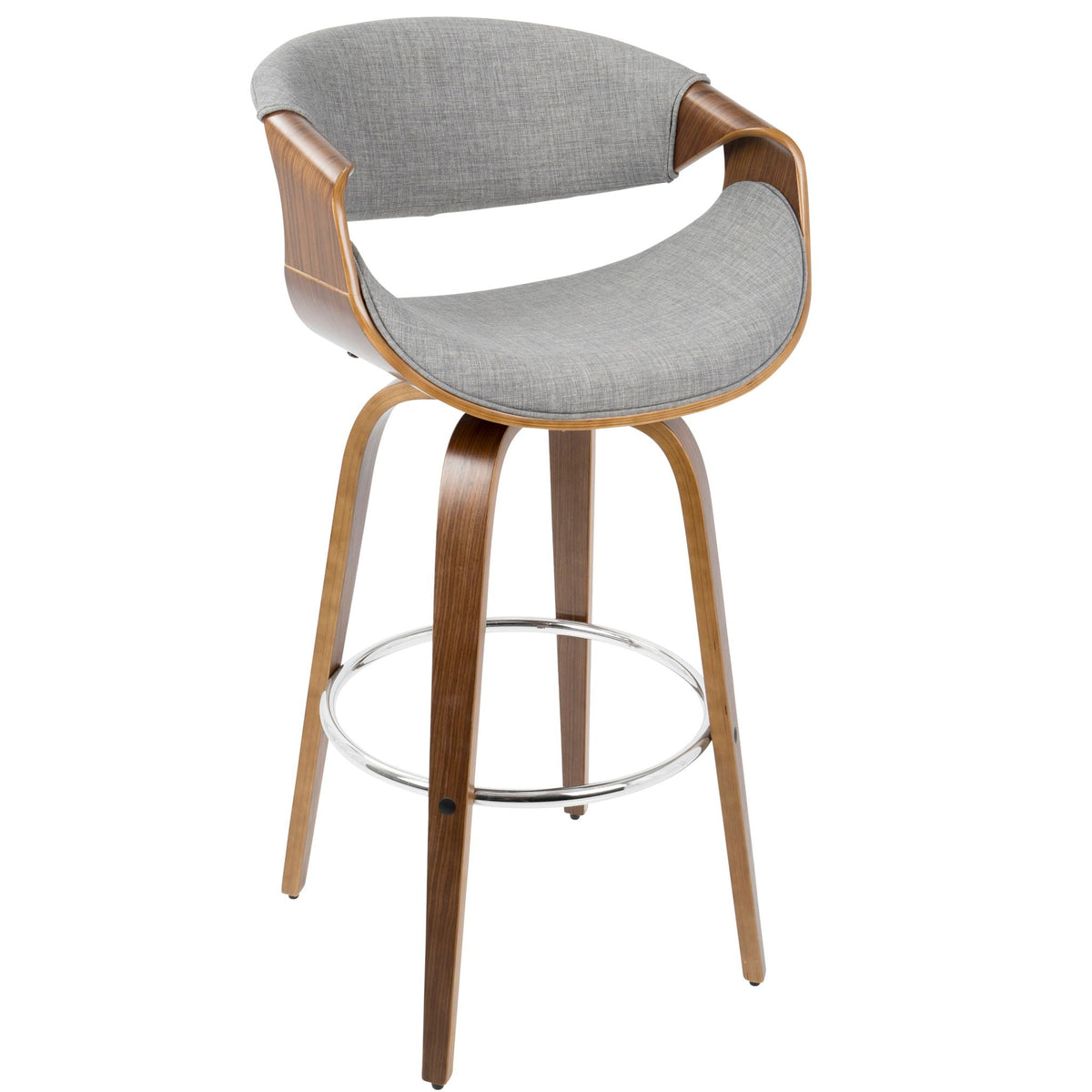 Mid-Century Modern Swivel Barstool with walnut frame and gray fabric upholstery on Tampa Home & Garden Store