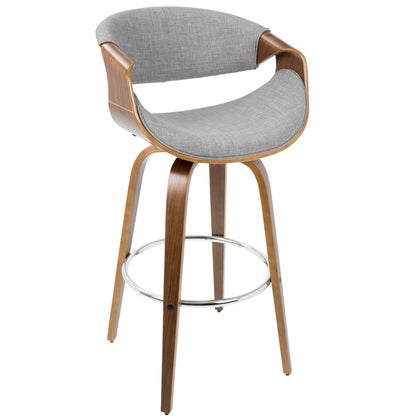 Mid-Century Modern Swivel Barstool with walnut frame and gray fabric upholstery on Tampa Home & Garden Store