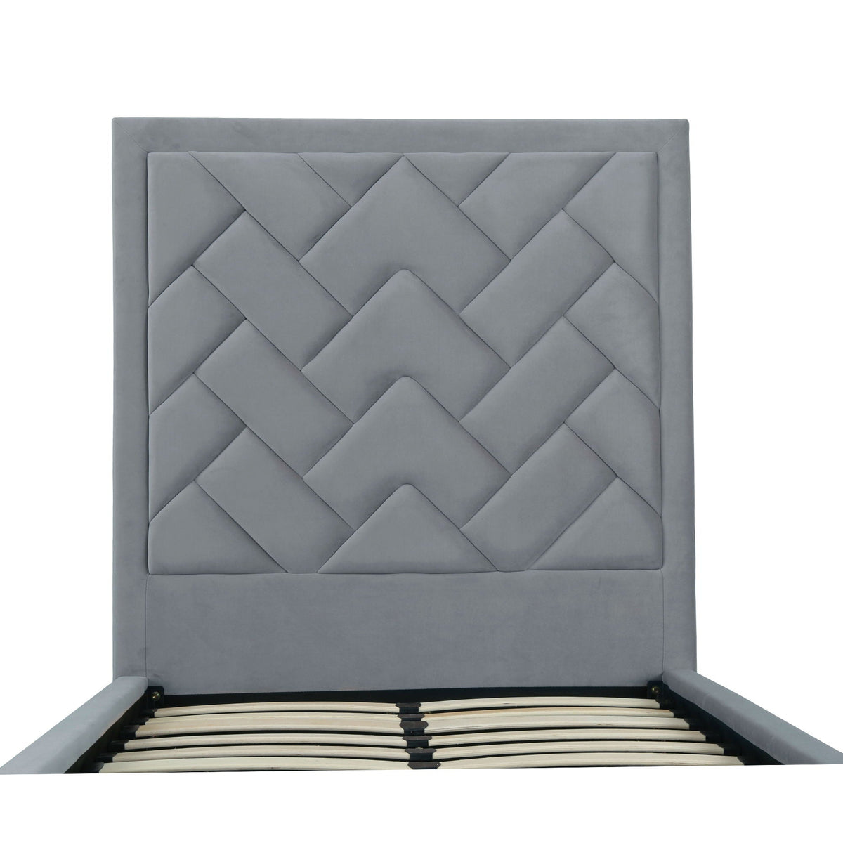 Crosby upholstered bed with diamond-tufted gray headboard and slats, HouseOfZazla on Tampa Home & Garden Store