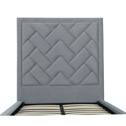 Crosby upholstered bed with diamond-tufted gray headboard and slats, HouseOfZazla on Tampa Home & Garden Store