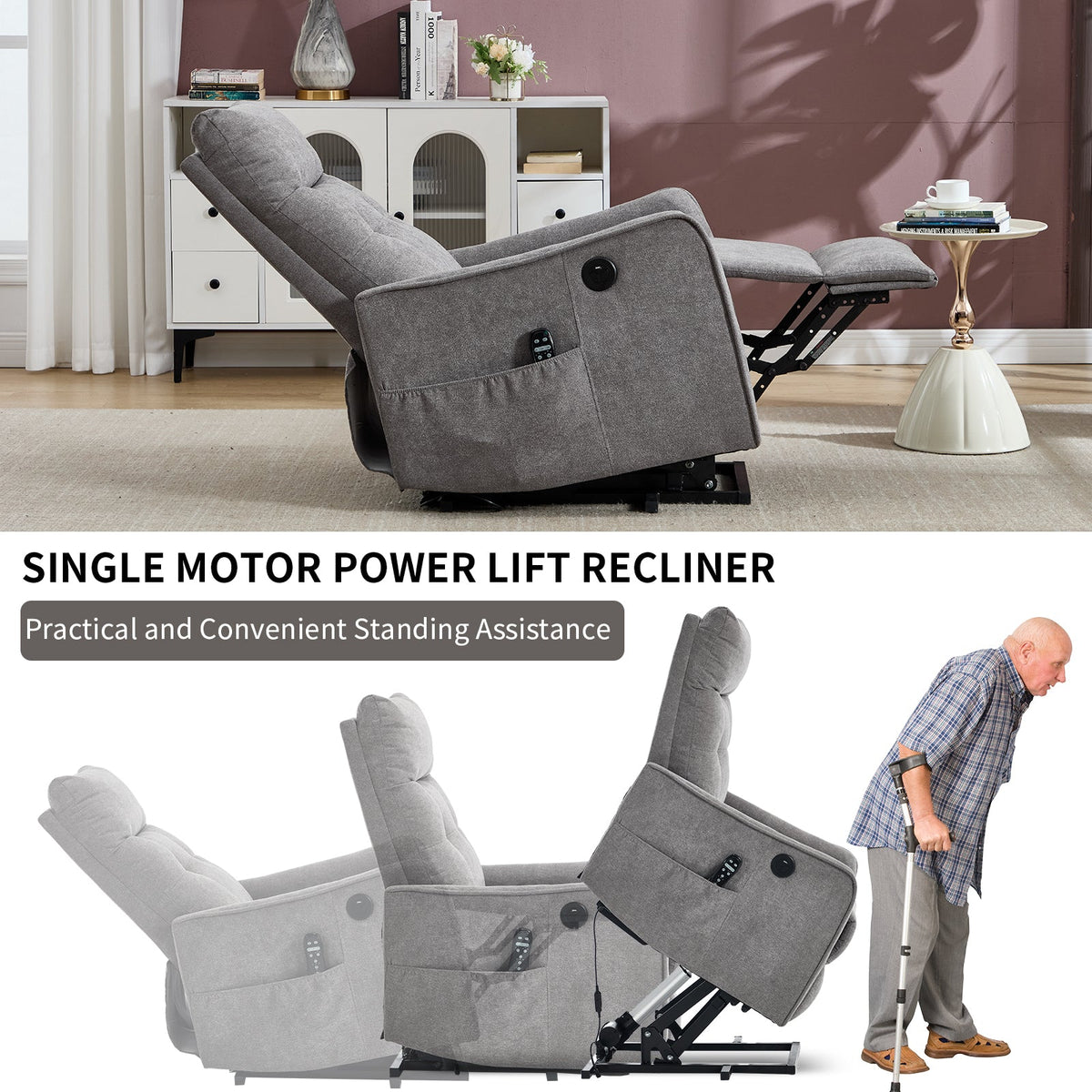 Comfortmax Single Motor Lift Recliner Chair gray upholstery with remote pocket HouseOfZazla on Tampa Home & Garden Store