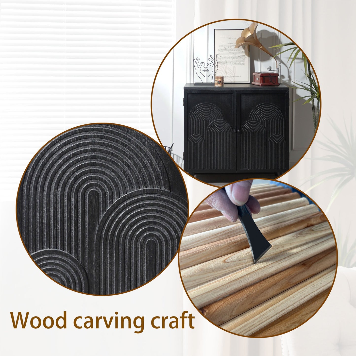 Modern black wood storage cabinet with embossed circular door panels HouseOfZazla accent on Tampa Home & Garden Store