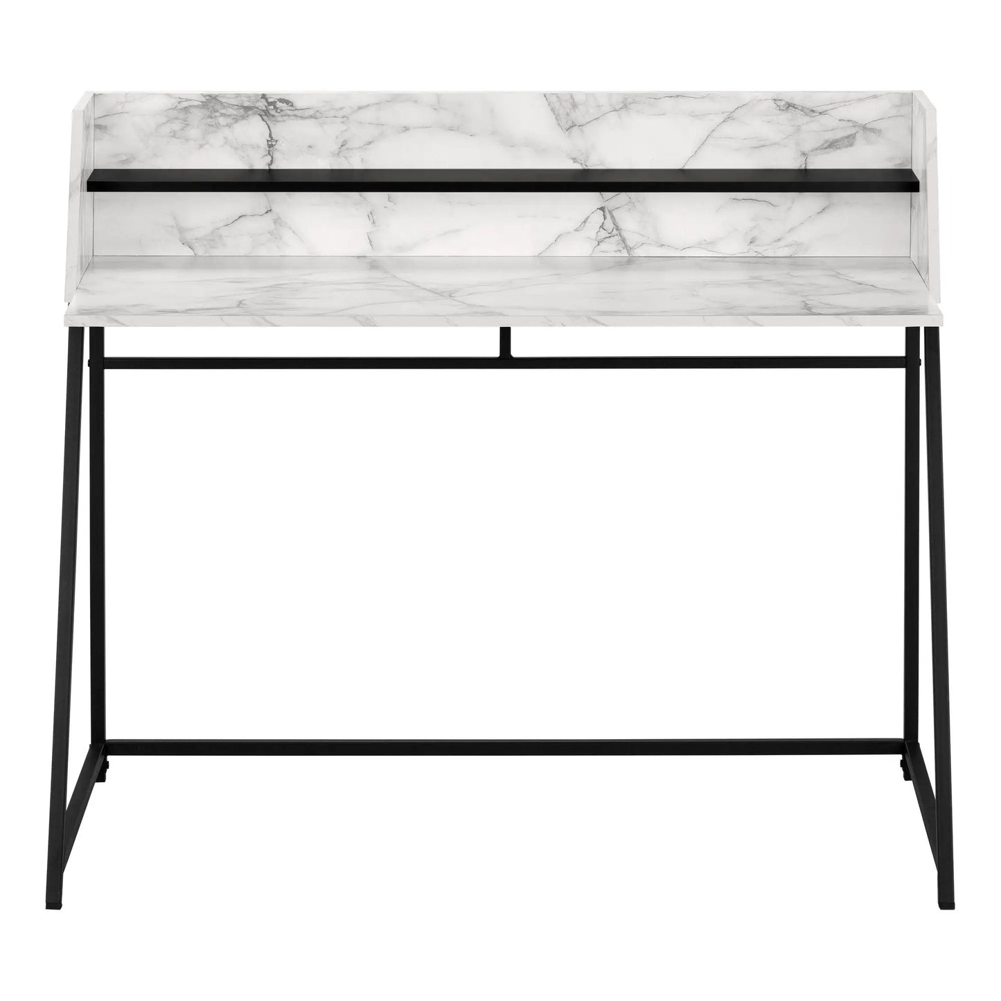 Computer desk with marble-pattern top, built-in black storage shelf, black metal legs on Tampa Home & Garden Store