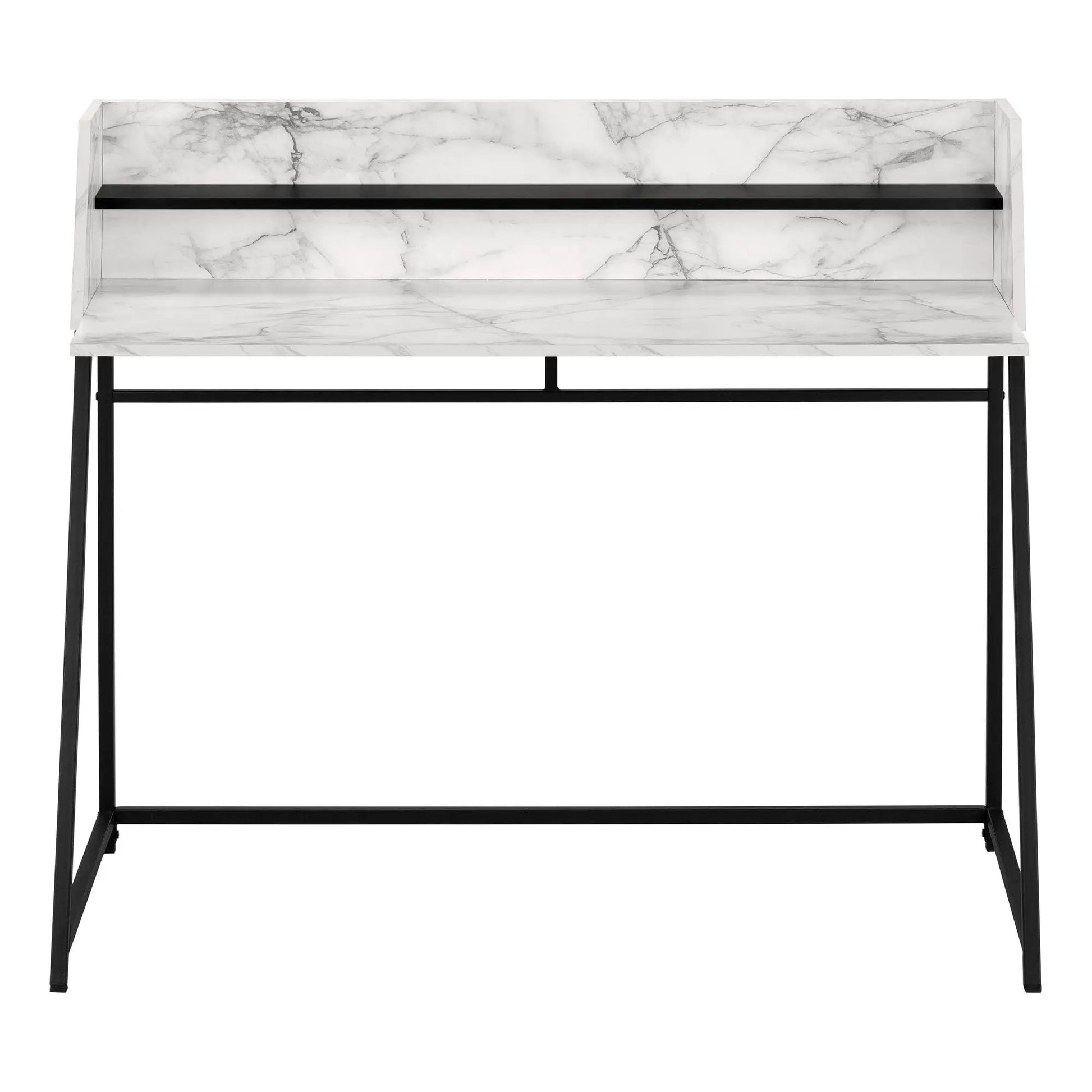 Computer desk with marble-pattern top, built-in black storage shelf, black metal legs on Tampa Home & Garden Store
