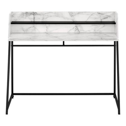 Computer desk with marble-pattern top, built-in black storage shelf, black metal legs on Tampa Home & Garden Store