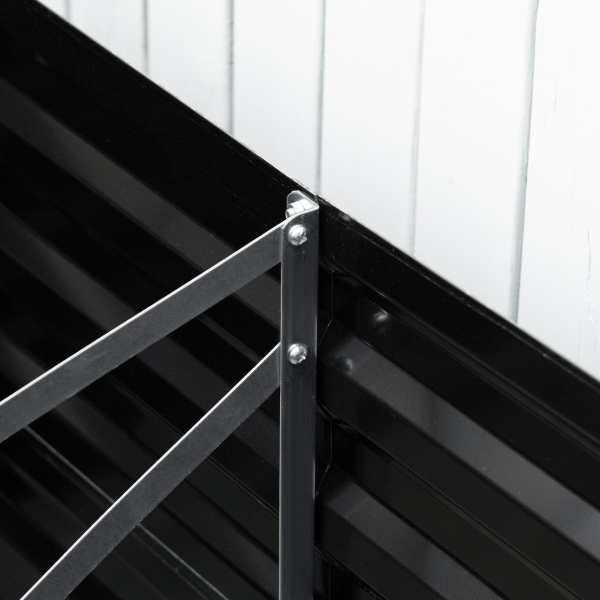 Galvanized raised garden bed kit with reinforcing bars, black metal slats and bolt brackets on Tampa Home & Garden Store