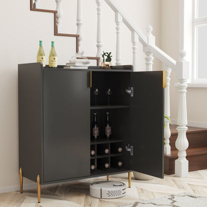Wine bar cabinet black with gold legs; open bottle rack and glass storage near staircase on Tampa Home & Garden Store