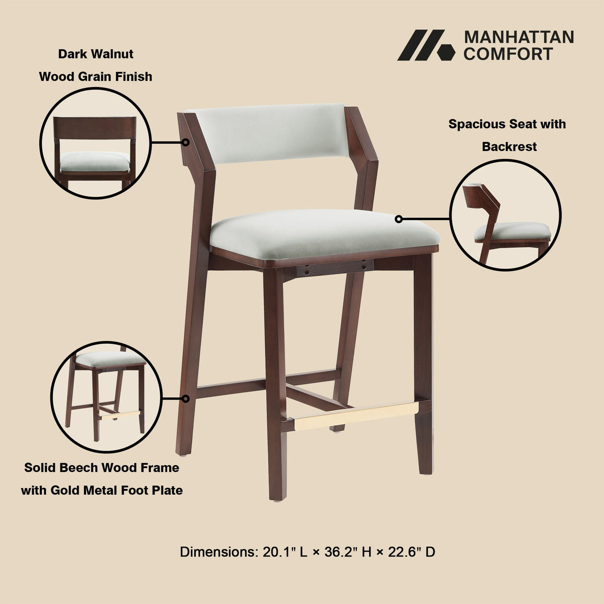 Patricia Counter Stool dark walnut wood frame with gray cushion seat pair by Manhattan Comfort on Tampa Home & Garden Store