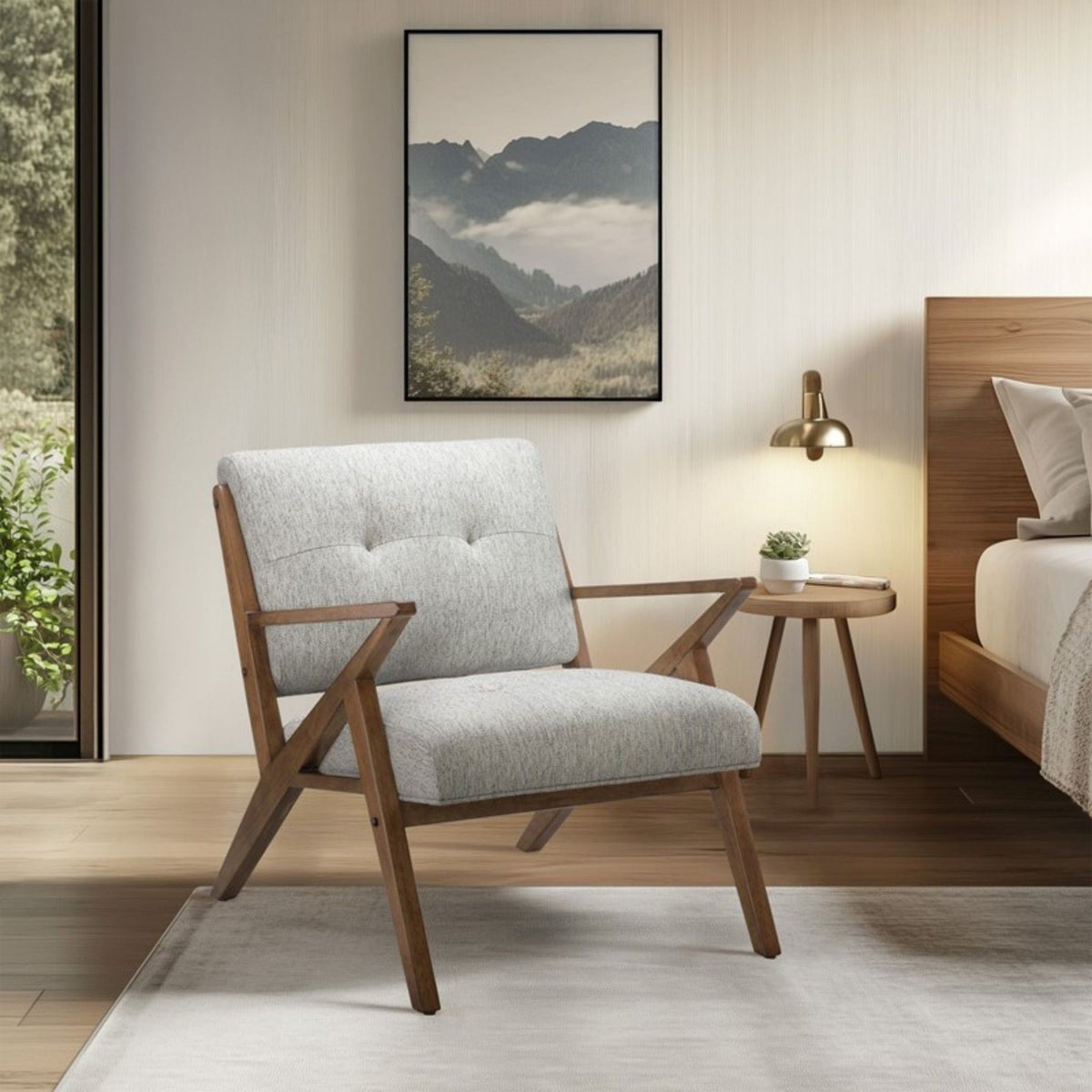 Rocket Lounge Chair with solid wood frame, light gray upholstery on Tampa Home & Garden Store
