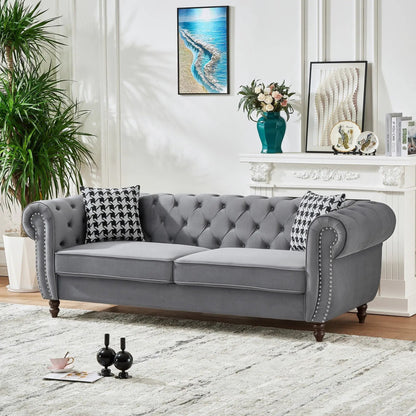 Chesterfield gray upholstered sofa with roll arms and nailhead trim by Unique Piece Furniture on Tampa Home & Garden Store