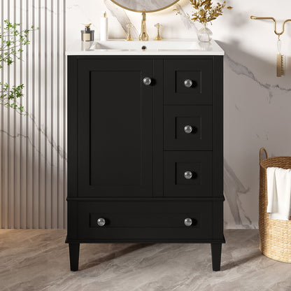Bathroom vanity with integrated basin and soft close drawers in black with brass faucet on Tampa Home & Garden Store