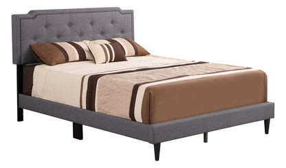 Button tufted bed upholstered in gray fabric by HouseOfZazla with brown-beige bedding on Tampa Home & Garden Store