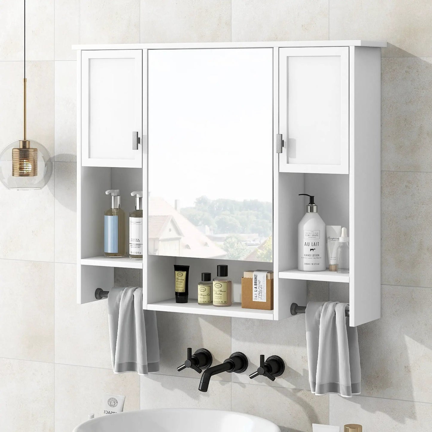 White wall mounted medicine cabinet with mirror, side doors and built-in towel bars on Tampa Home & Garden Store