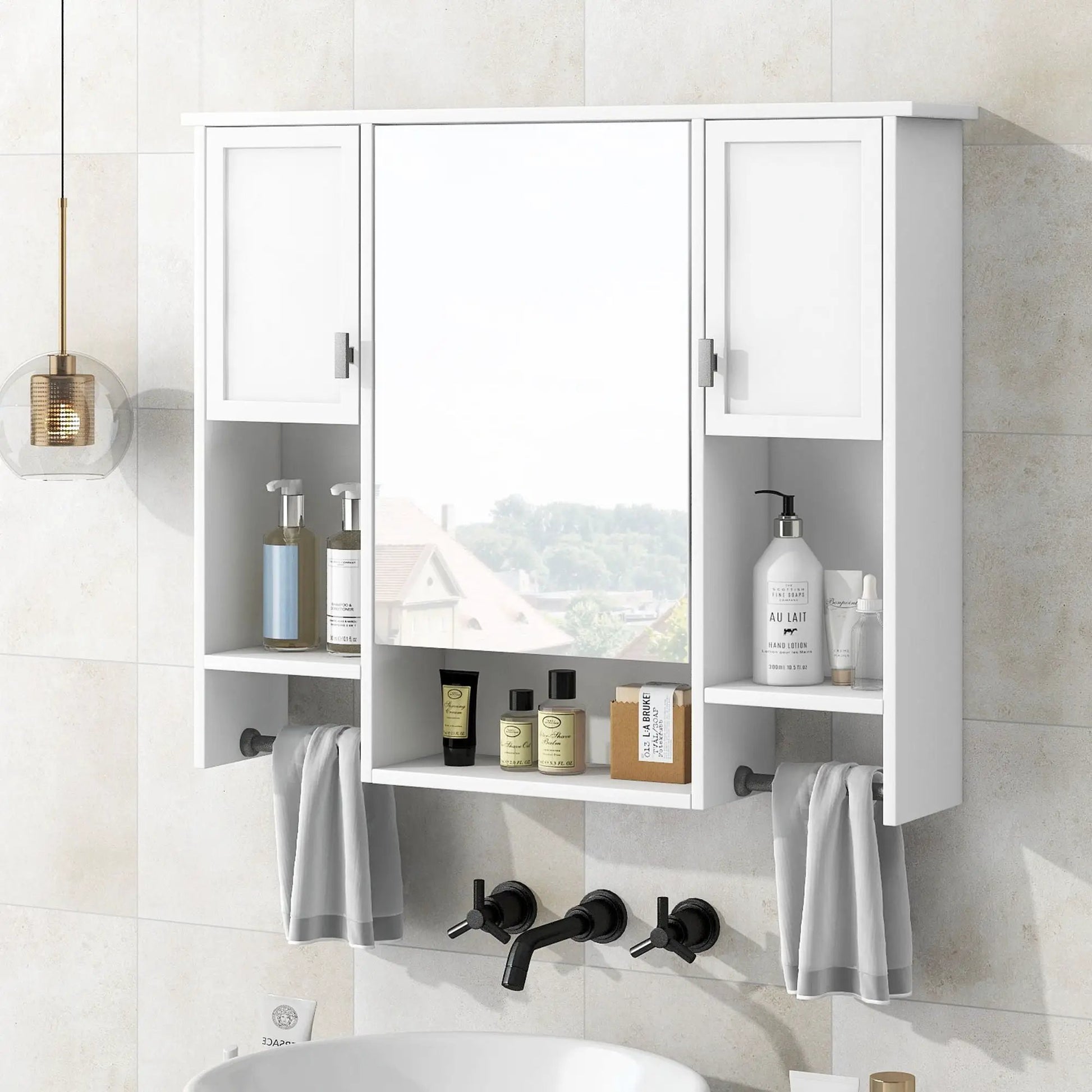 White wall mounted medicine cabinet with mirror, side doors and built-in towel bars on Tampa Home & Garden Store