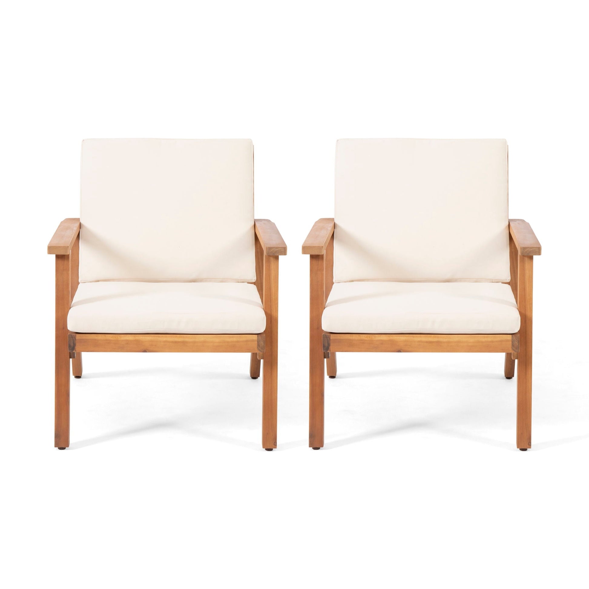 Outdoor Club Chair With Cushion pair, cream cushions, natural wood frame, HouseOfZazla on Tampa Home & Garden Store
