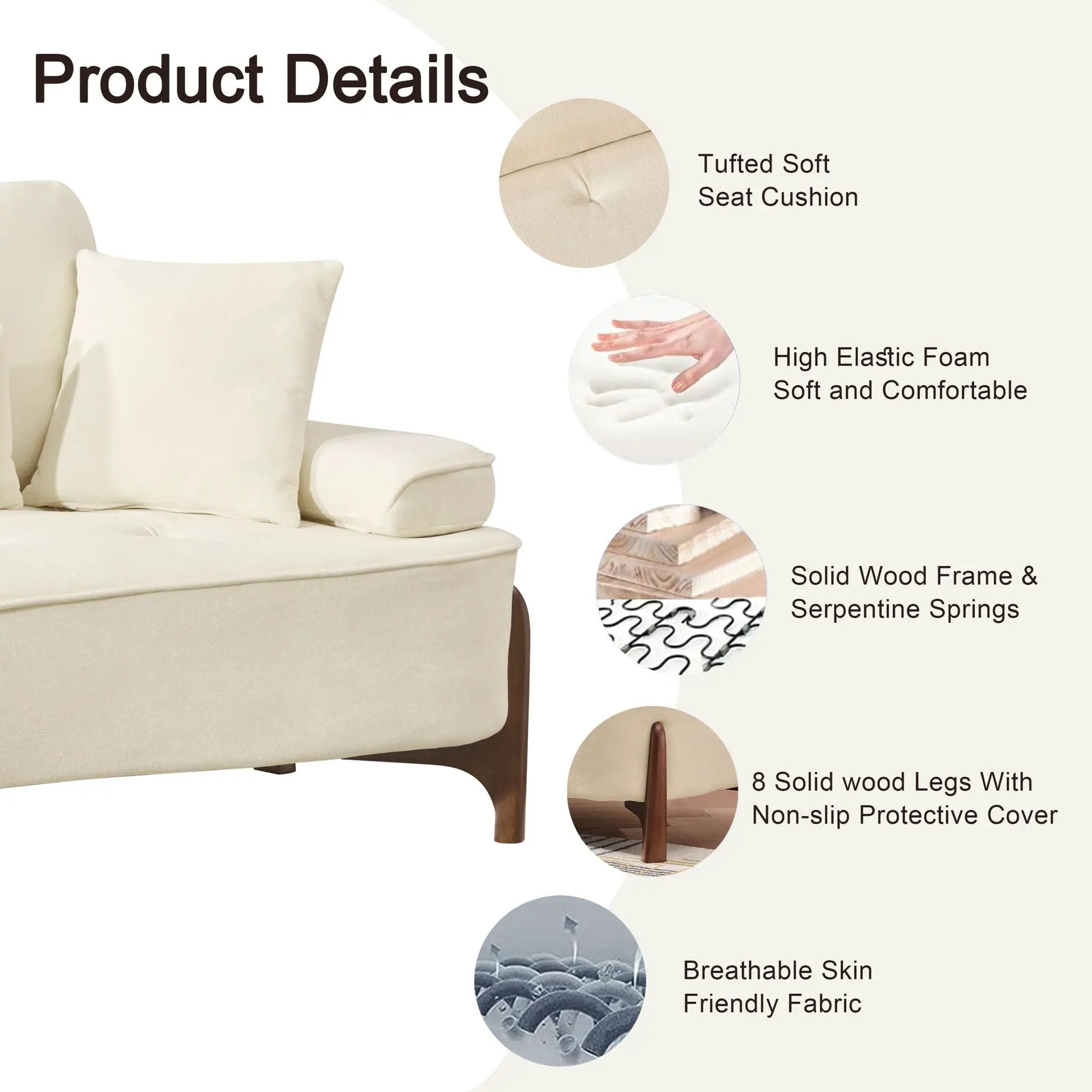 Comfortable Deep Seated Sofa with Pillows in cream upholstery by Unique Piece Furniture Stationary Sofa on Tampa Home & Garden Store