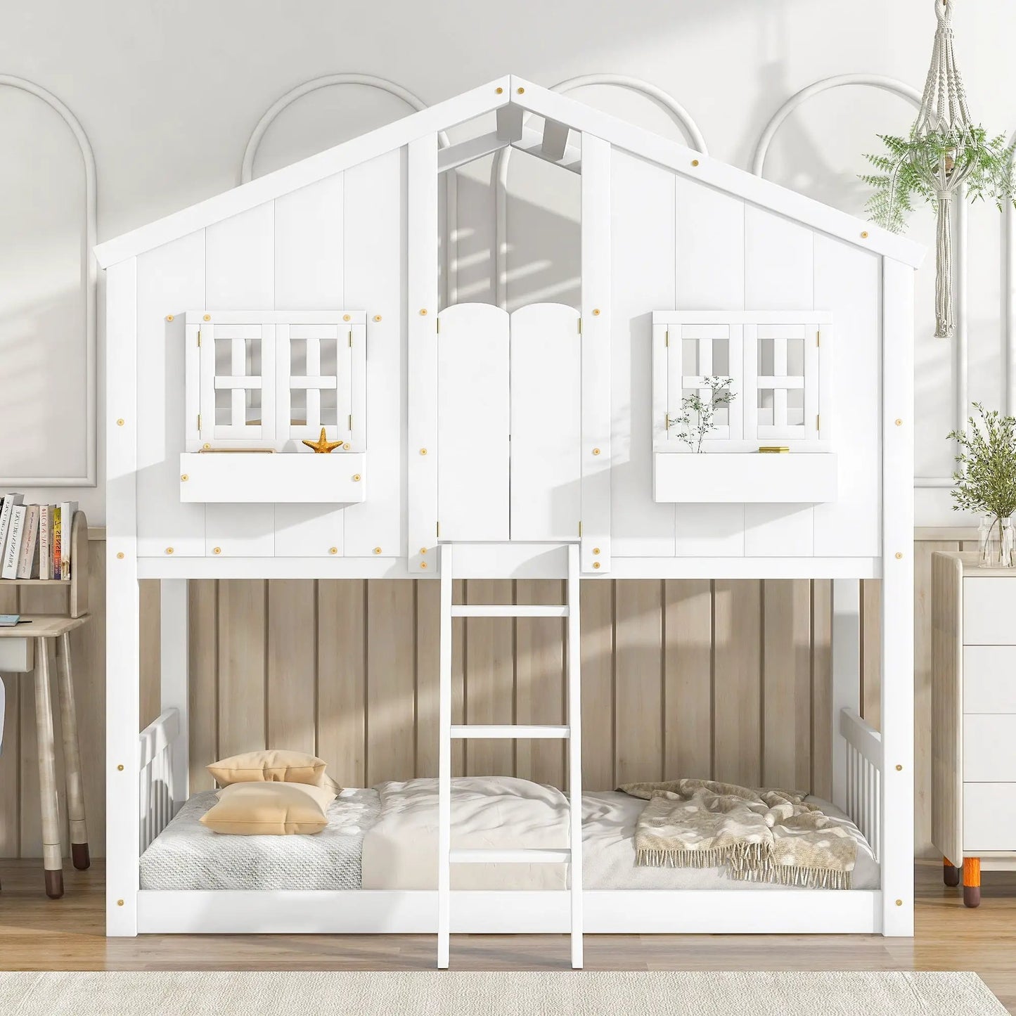 White house bunk bed with roof, window, window box, door and ladder by Unique Piece Furniture on Tampa Home & Garden Store