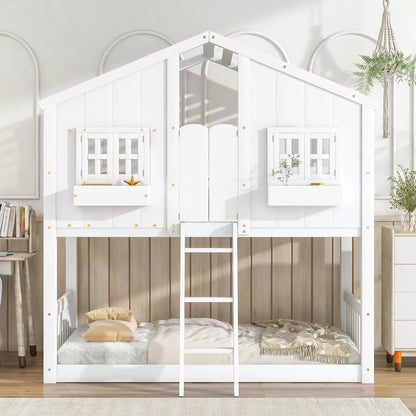 White house bunk bed with roof, window, window box, door and ladder by Unique Piece Furniture on Tampa Home & Garden Store