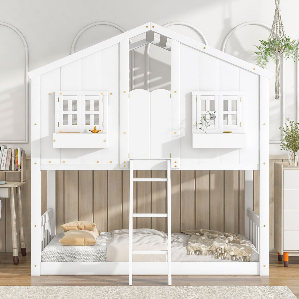 House bunk bed with roof, window box, door and ladder, white wood by HouseOfZazla on Tampa Home & Garden Store