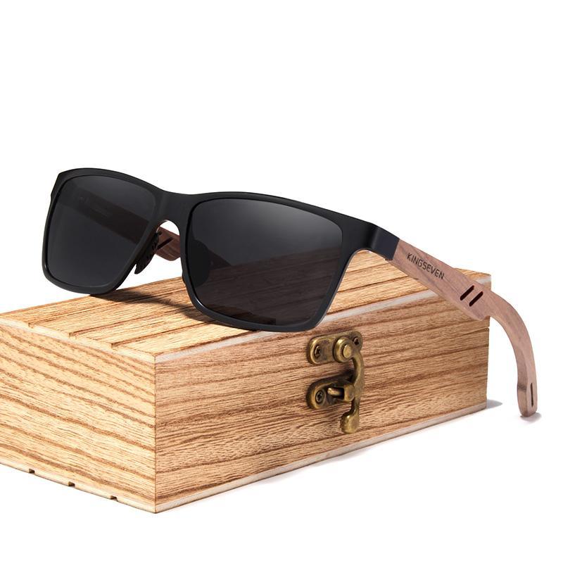 Stevvex bamboo design polarized sunglasses with black frame and mirror lenses on box on Tampa Home & Garden Store