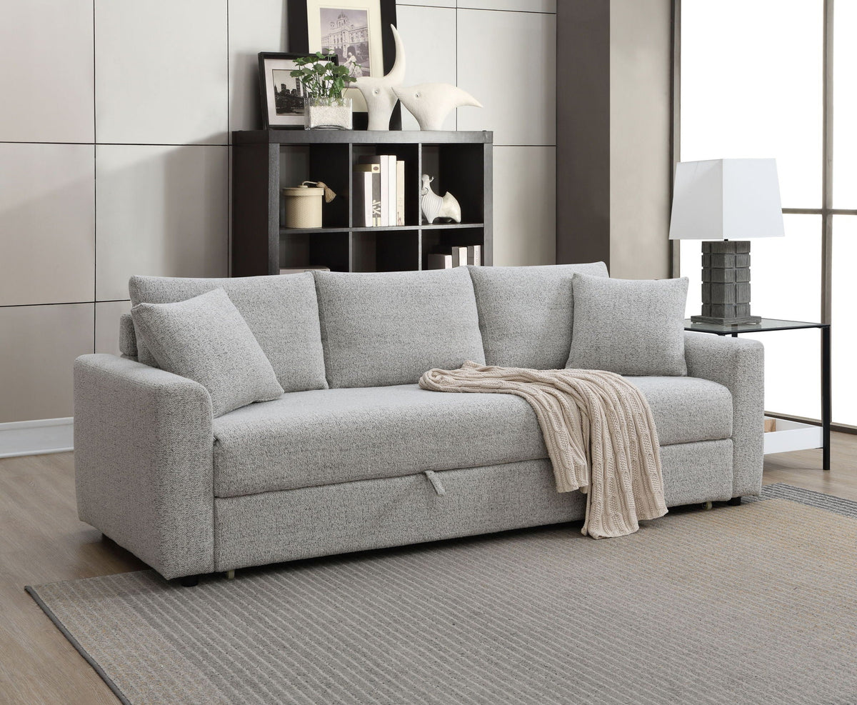 Connie beige boucle sleeper sectional sofa with 2 toss pillows in a modern living room on Tampa Home & Garden Store
