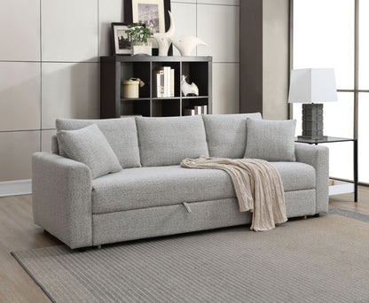 Connie beige boucle sleeper sectional sofa with 2 toss pillows in a modern living room on Tampa Home & Garden Store