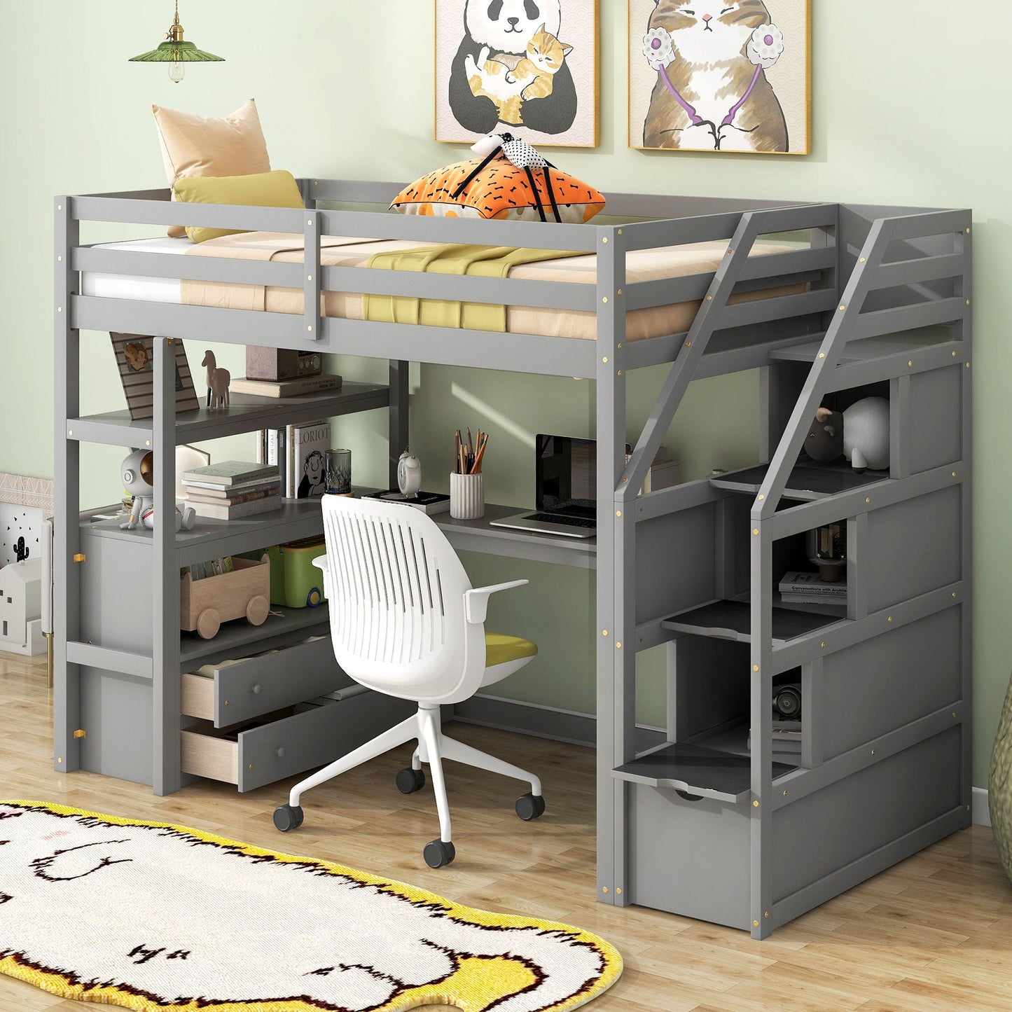 Loft Bed With Desk, Shelves, 2 Drawers, Storage Staircase in gray by HouseOfZazla on Tampa Home & Garden Store