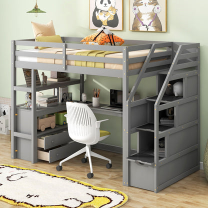 Loft Bed With Desk, Shelves, 2 Drawers, Storage Staircase in gray by HouseOfZazla on Tampa Home & Garden Store