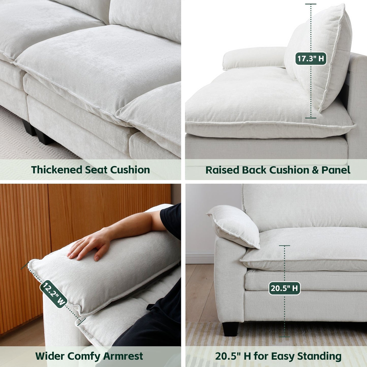 Living room sofa in soft beige chenille with thick seat cushions on Tampa Home & Garden Store