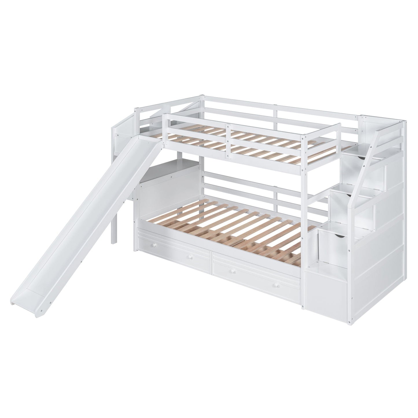 White bunk bed with storage staircase and slide by HouseOfZazla, with drawers and shelves on Tampa Home & Garden Store
