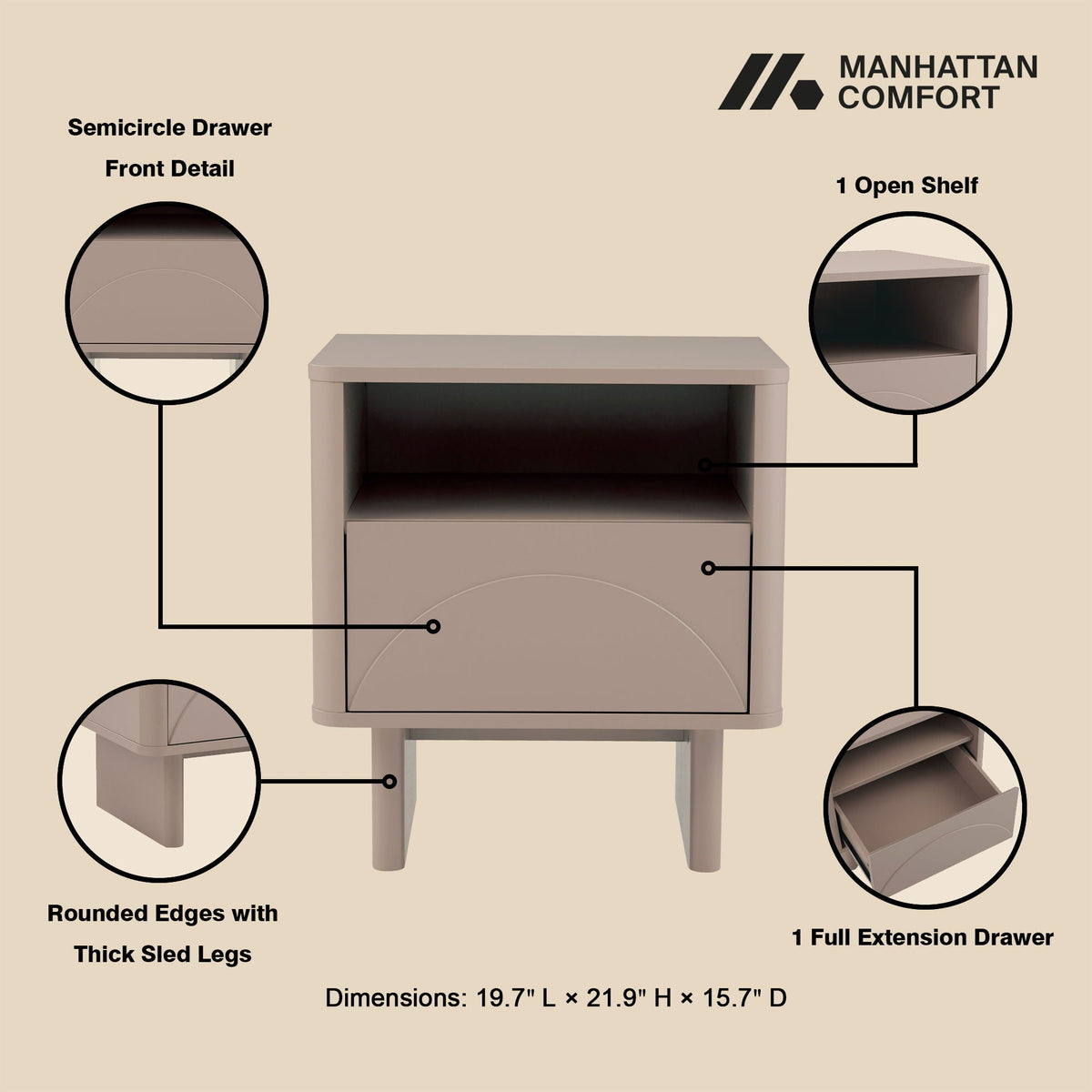 Modern Accent Nightstand by HouseOfZazla with Drawer and Shelf in beige-wood tone on Tampa Home & Garden Store