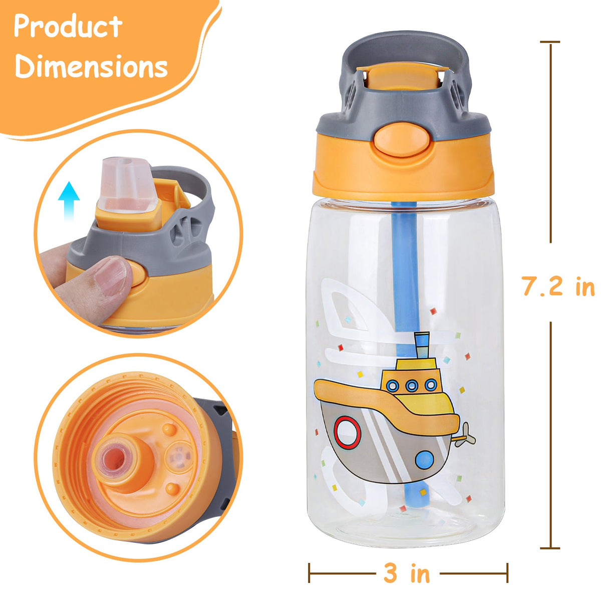 GemGear 16.2oz kids water bottle with straw push-button lid orange graphic on bottle on Tampa Home & Garden Store