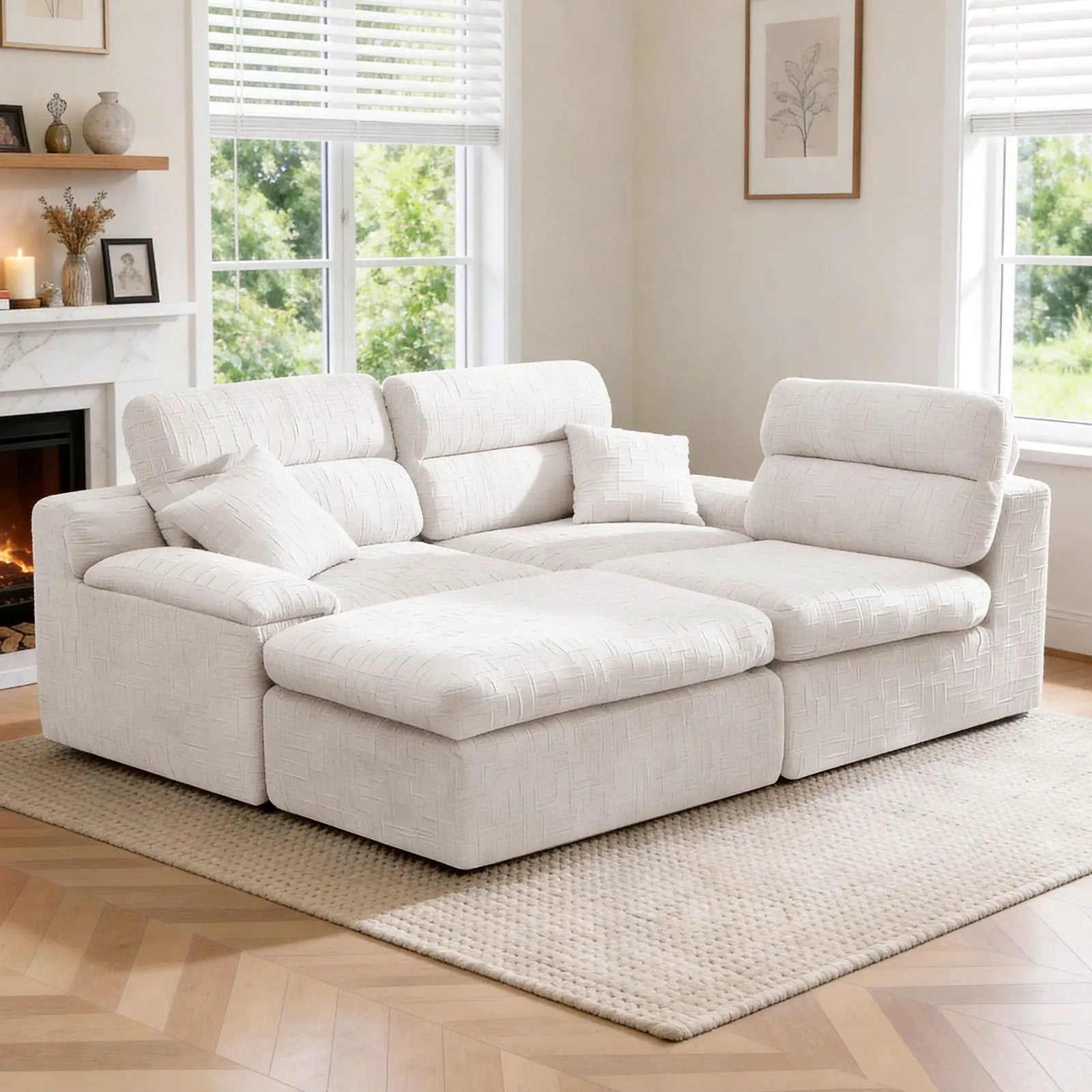 Corner Chaise Sofa with High Backrest in cream fabric, 2-pc set Unique Piece Furniture on Tampa Home & Garden Store