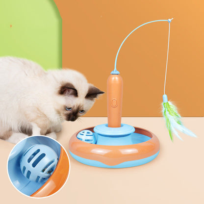2-in-1 cat toy with feather for self-play on blue and orange turntable base on Tampa Home & Garden Store