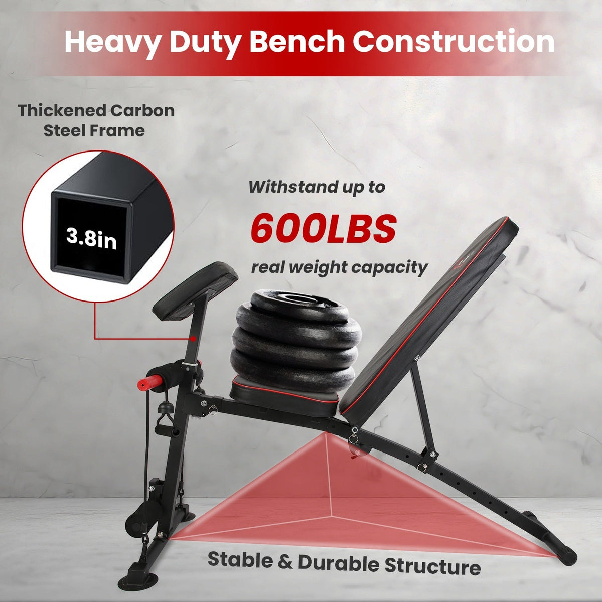 Adjustable weight bench with preacher curl pad and resistance bands, heavy carbon steel frame on Tampa Home & Garden Store