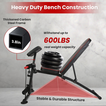 Adjustable weight bench with preacher curl pad and resistance bands, heavy carbon steel frame on Tampa Home & Garden Store