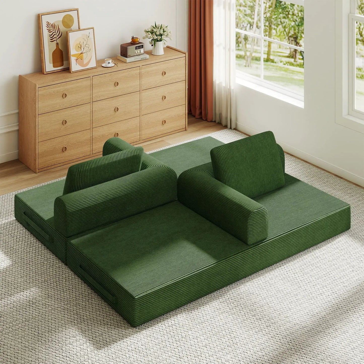 Green ribbed convertible sleeper sofa with fixed frame; modular futon sections in living room on Tampa Home & Garden Store