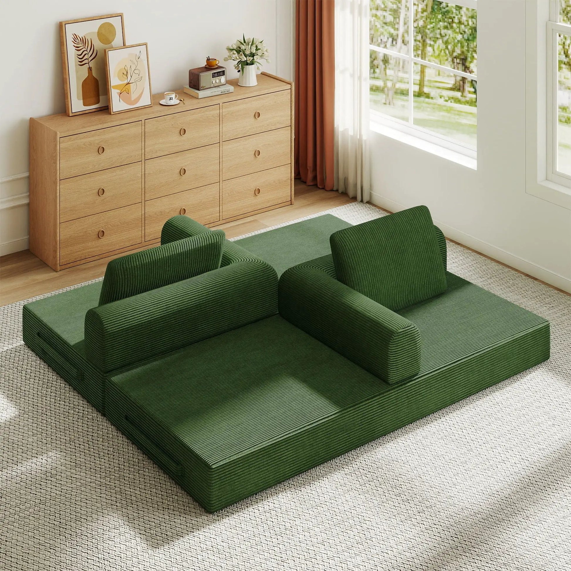 Green ribbed convertible sleeper sofa with fixed frame; modular futon sections in living room on Tampa Home & Garden Store