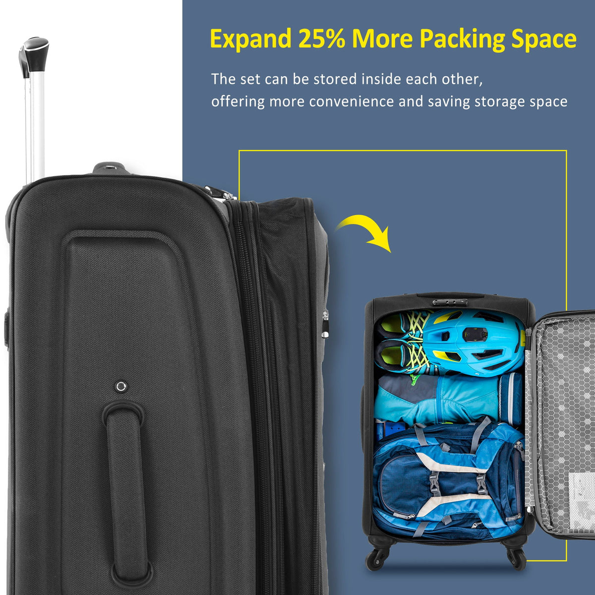 Softside expandable 3-piece luggage set by HouseOfZazla with black upright spinners on Tampa Home & Garden Store