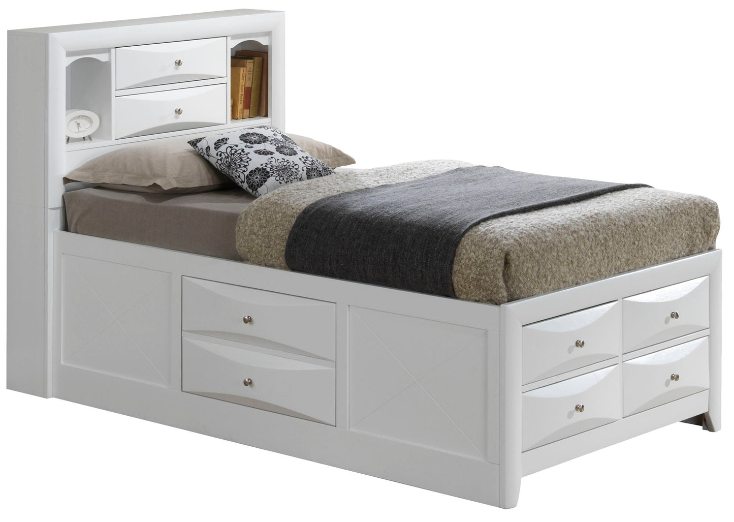 White wooden storage bed with bookcase headboard and built-in drawers by HouseOfZazla on Tampa Home & Garden Store