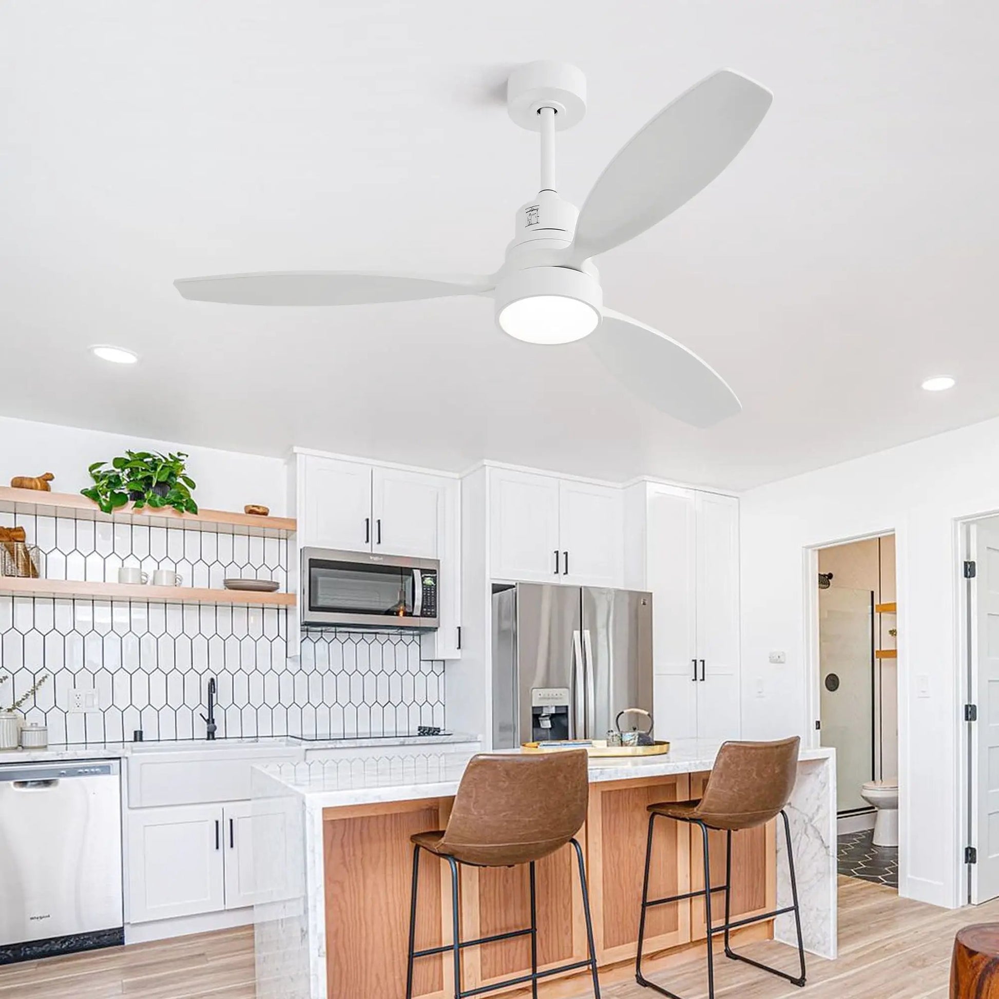 White ceiling fan with reversible DC motor, LED light, three solid blades, remote on Tampa Home & Garden Store