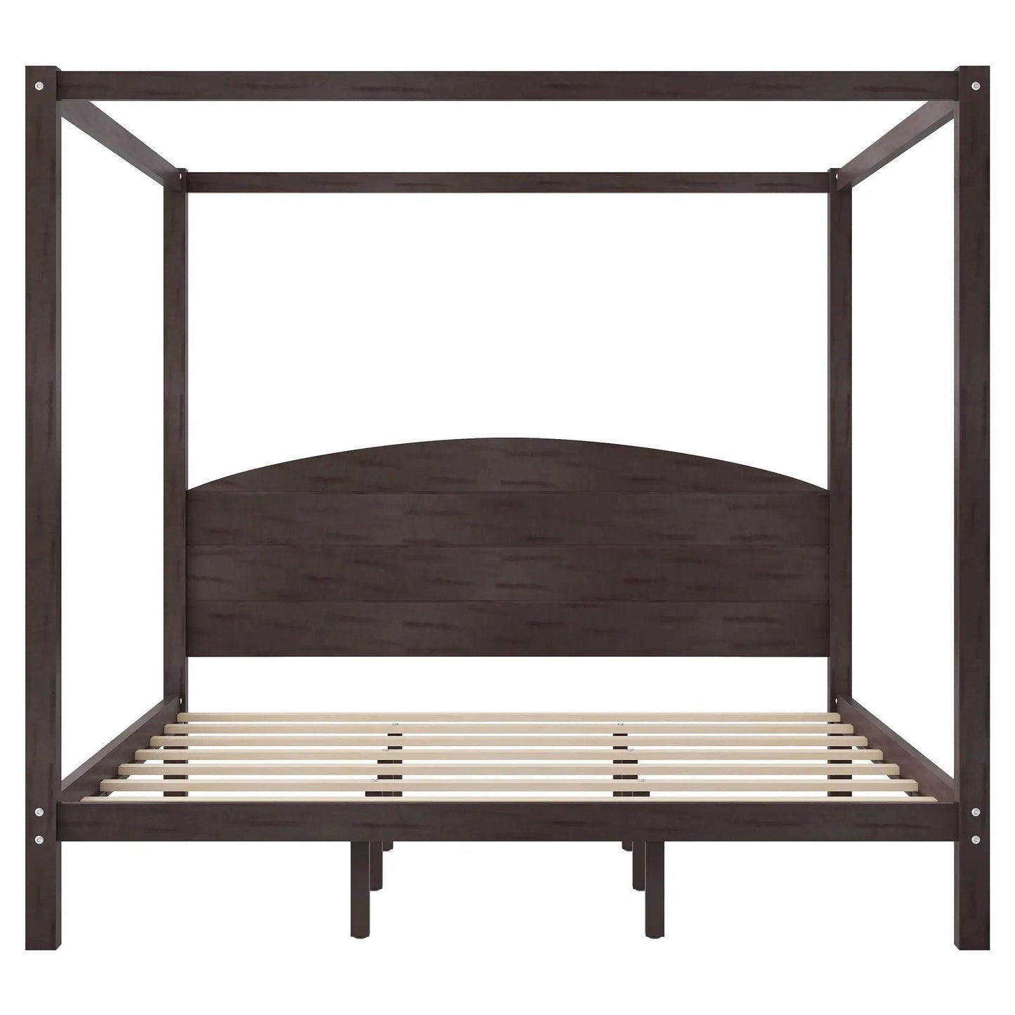 Dark brown wood canopy bed frame with headboard, four posts, and slatted base on Tampa Home & Garden Store