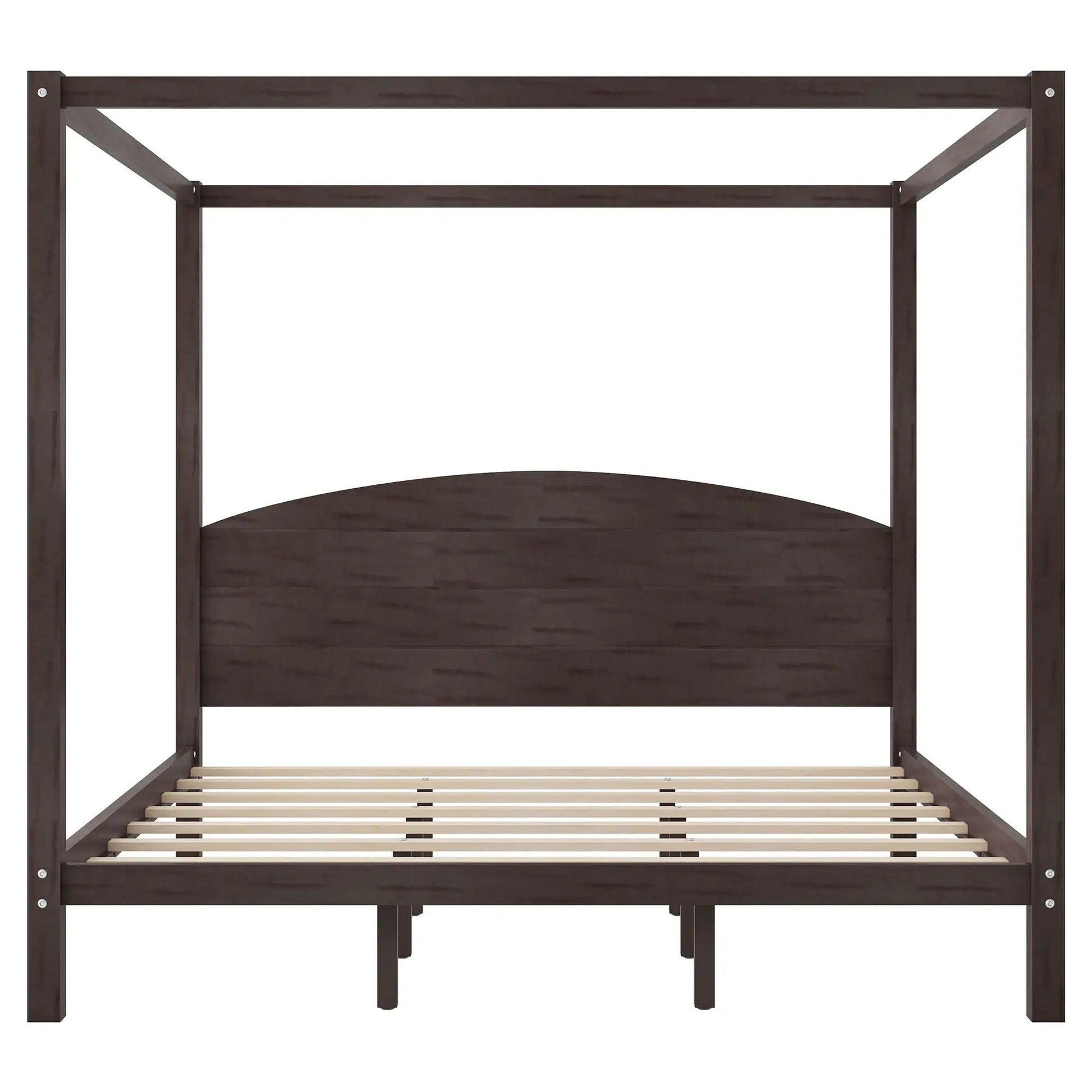 Dark brown wood canopy bed frame with headboard, four posts, and slatted base on Tampa Home & Garden Store