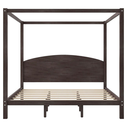 Dark brown wood canopy bed frame with headboard, four posts, and slatted base on Tampa Home & Garden Store